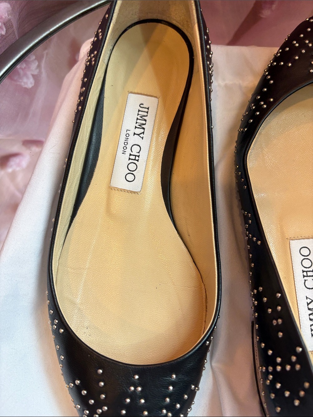 Authentic Jimmy Choo Black Leather Jessie Studded Flats - Picture 3 of 12
